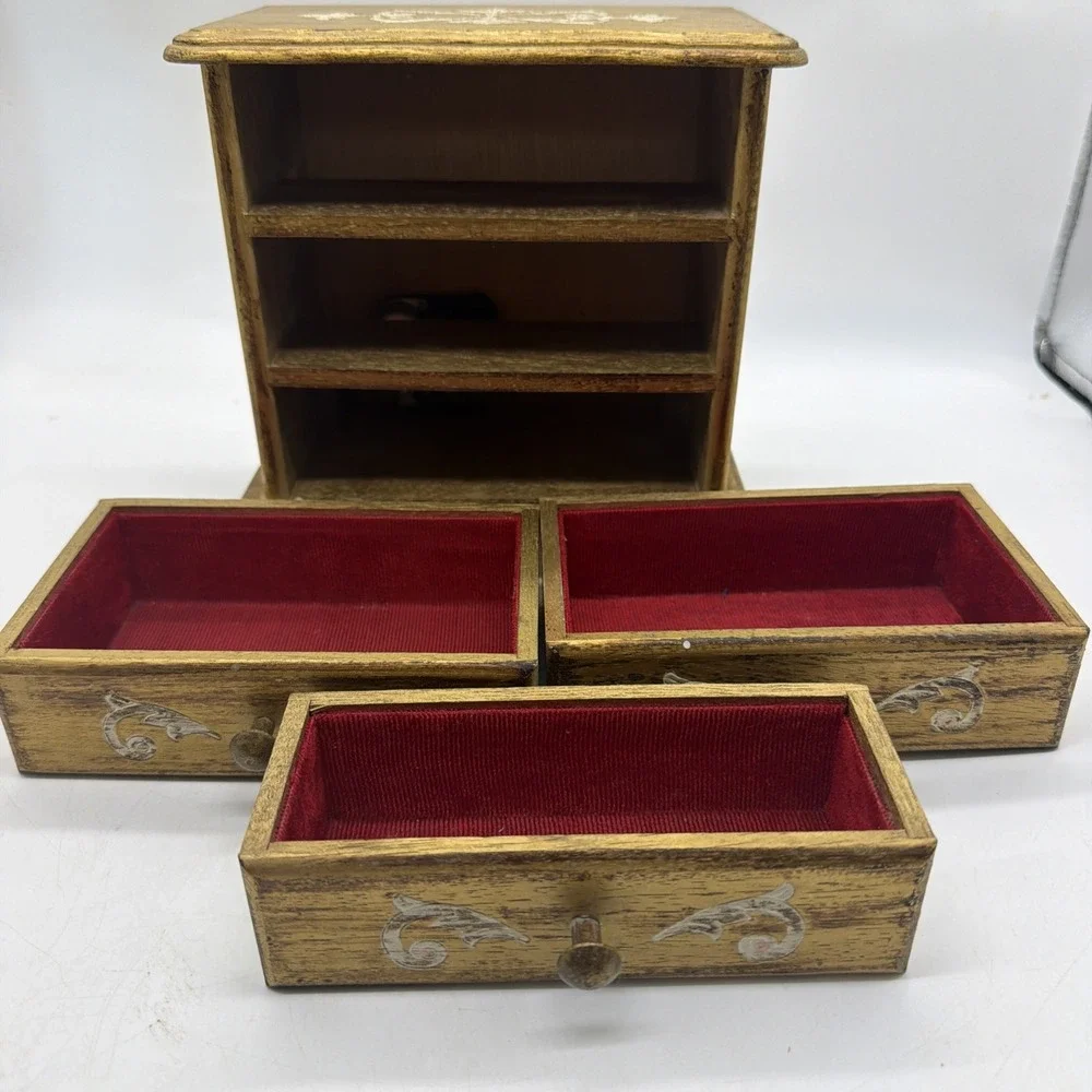 Vintage Italian Florentine Gold 3 Red Velvet Drawer Musical  Jewelry Box